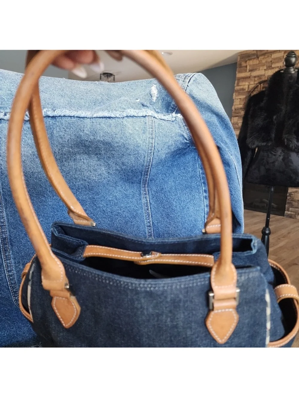 Burberry Denim Tote with Tan Leather Trim